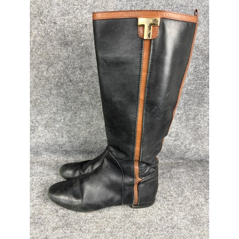 Tory Burch Boots Womens Size 8.5 Black Brown Leather Tall Riding Equestrian